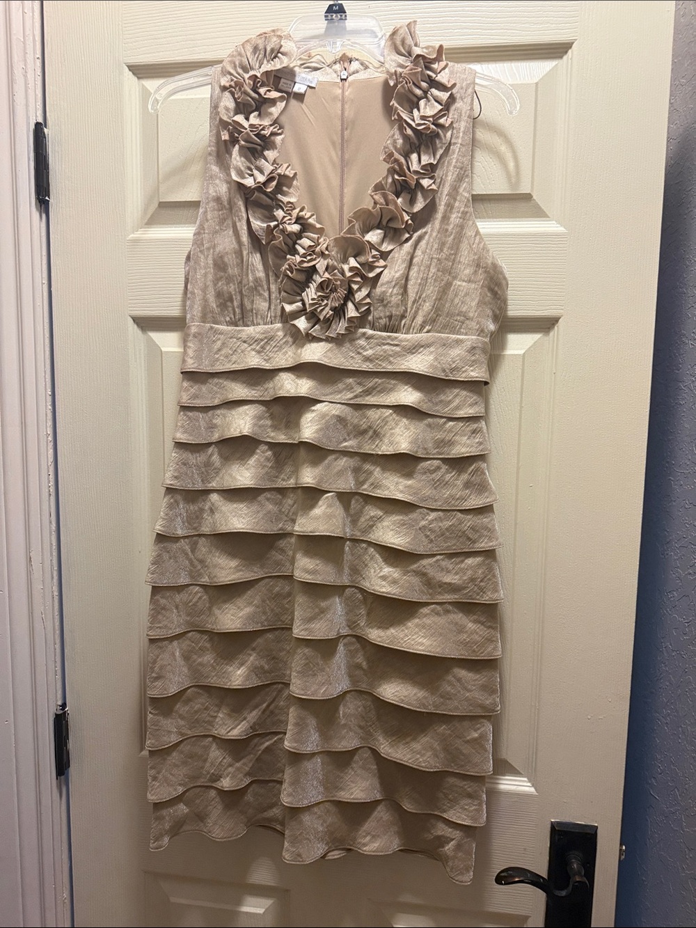 London Times Cream Ruffle V-Neck Layered Midi Dress
